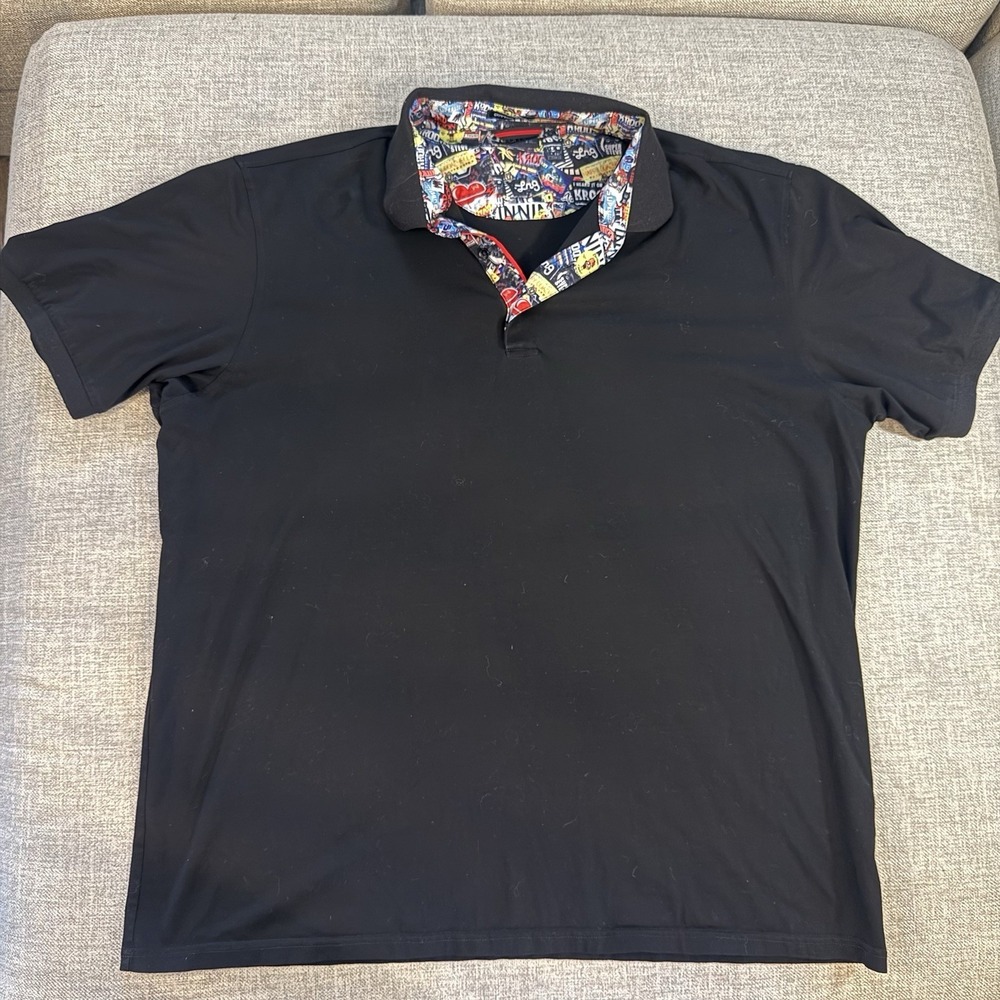 Mens Black Polo Shirt Short Sleeve Pattern Collar Stretch Casual Golf XL